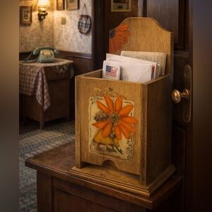 Vintage Wooden Mail Holder painted with Orange Flower & teddy Design